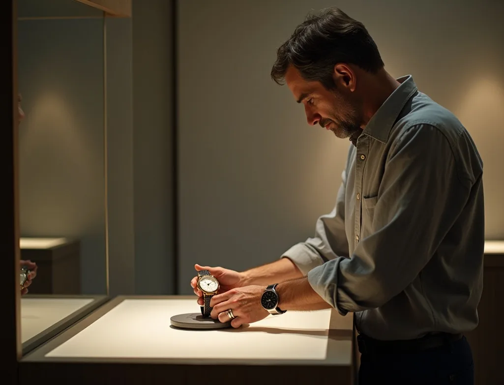 Collector in linen shirt carefully placing a rare timepiece onto the rotating stage of an illuminated display