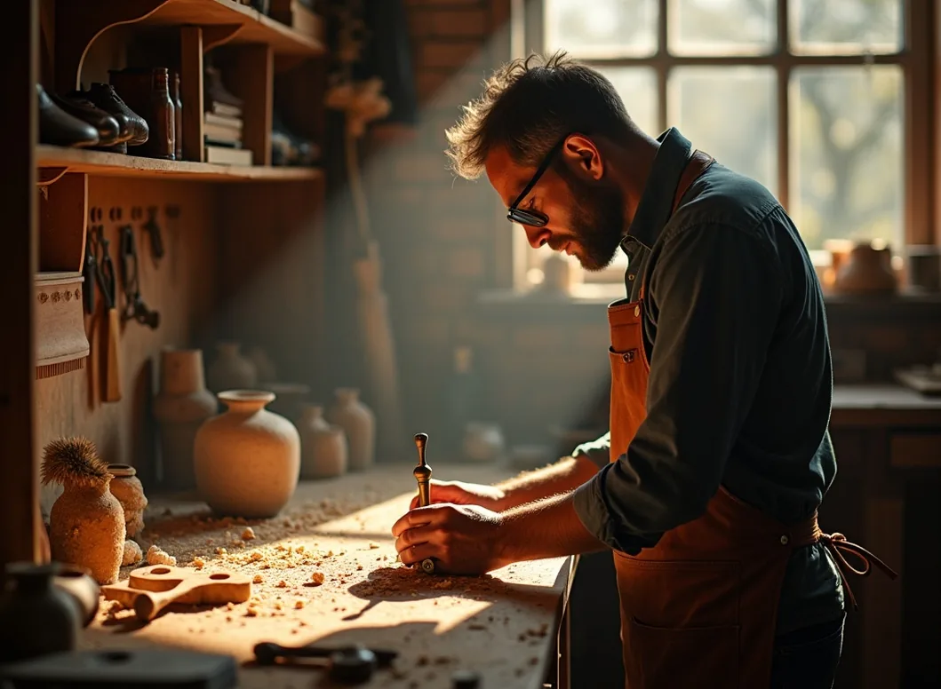Craftsman in leather apron hand-polishing brass handle of a bespoke dressing unit in sunlight