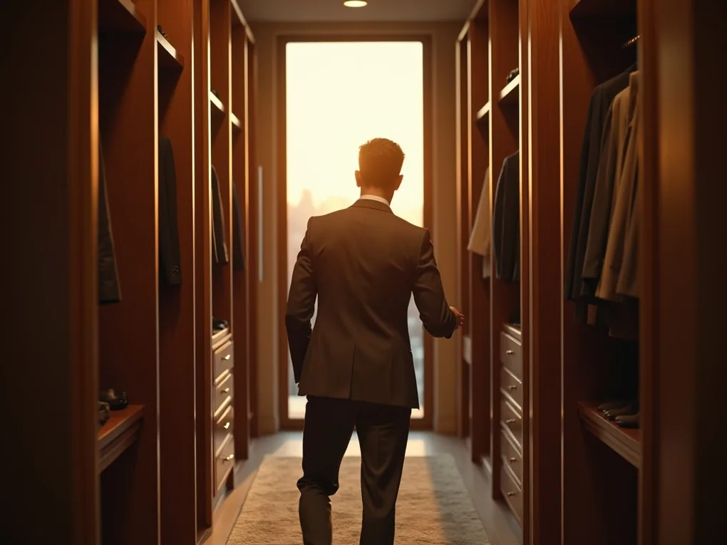 Distinguished man in tailored charcoal suit standing inside a vast walnut walk-in closet at golden hour