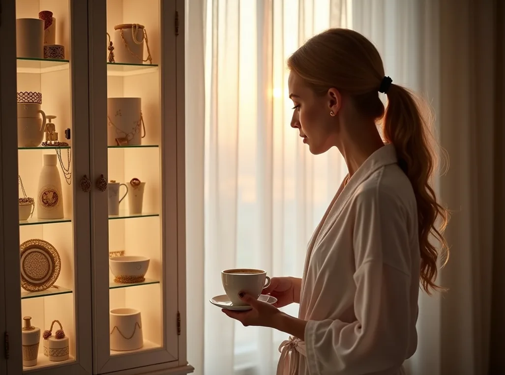 Woman in robe holding coffee admiring her organized jewelry collection in serene early morning