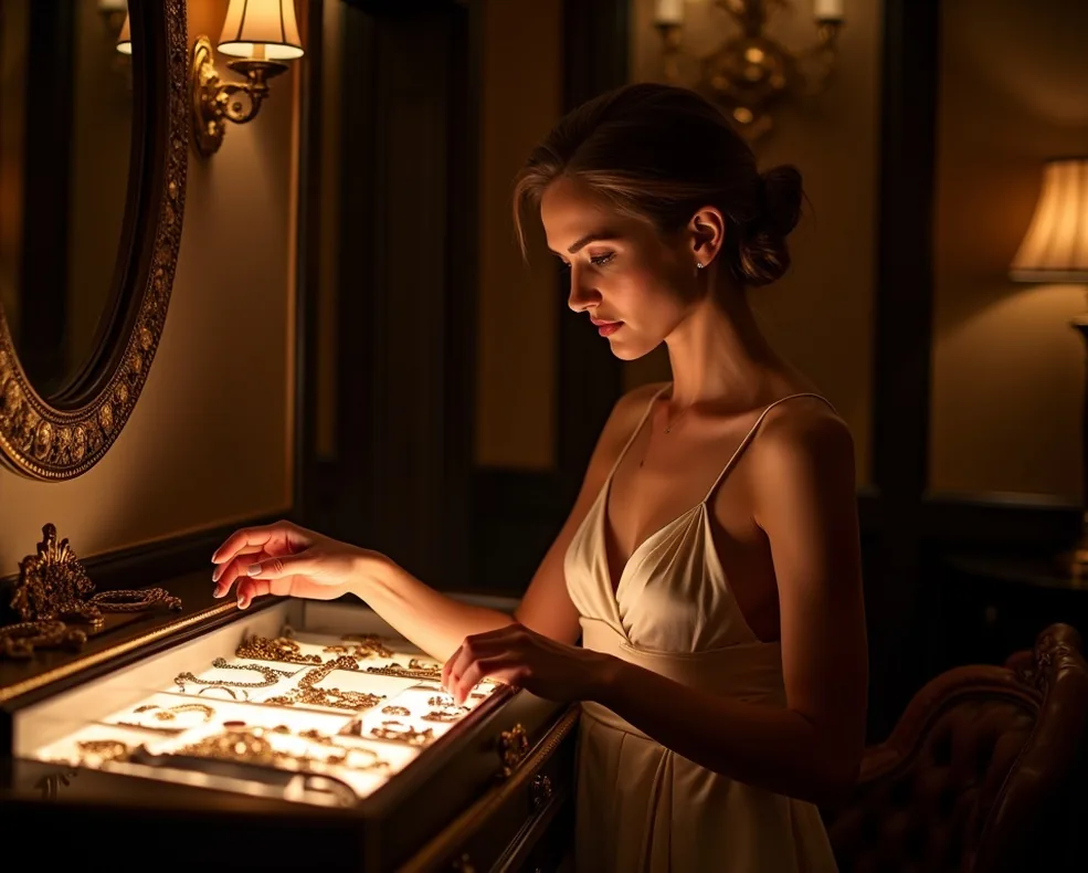 Sophisticated woman in silk evening gown selecting jewelry from an illuminated island dresser