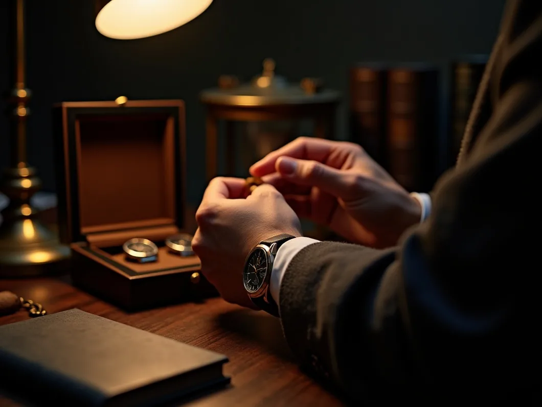 Elegant hands winding a vintage mechanical watch beside an open watch winder safe in a dark room