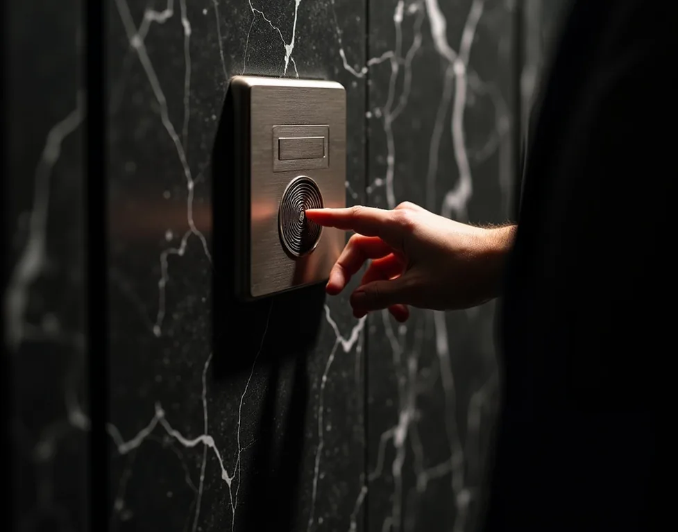 Hand entering fingerprint code on titanium luxury safe embedded in marble wall