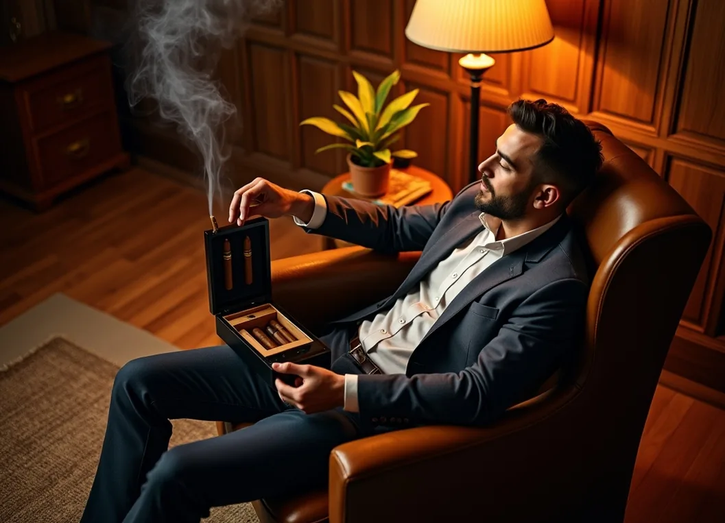 Gentleman relaxing in leather armchair in wood-paneled lounge opening an elegant storage piece