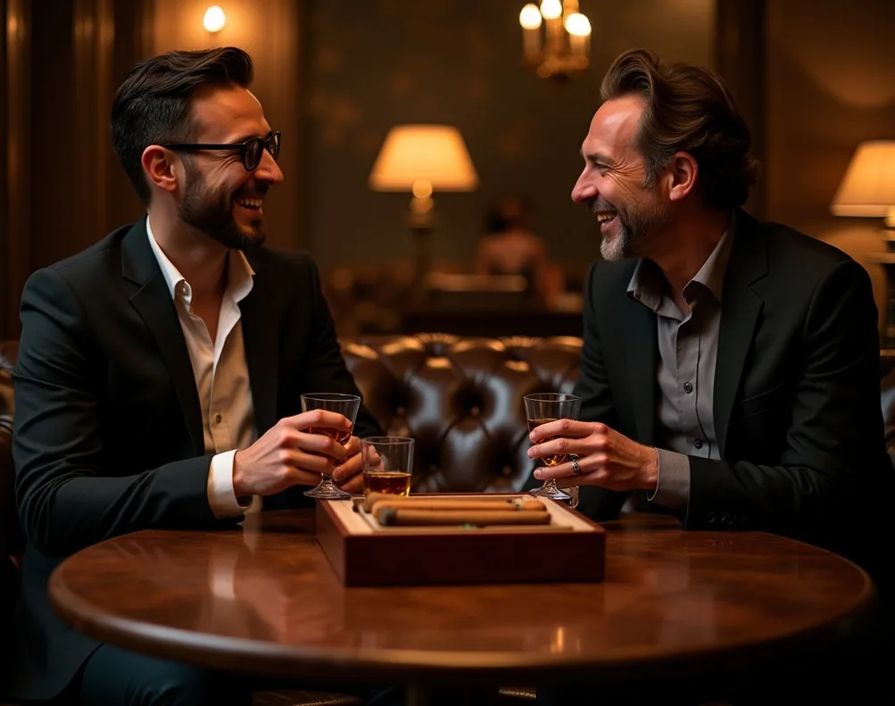 Two elegant friends laughing over glasses of whisky in dark leather lounge with open cigar humidor
