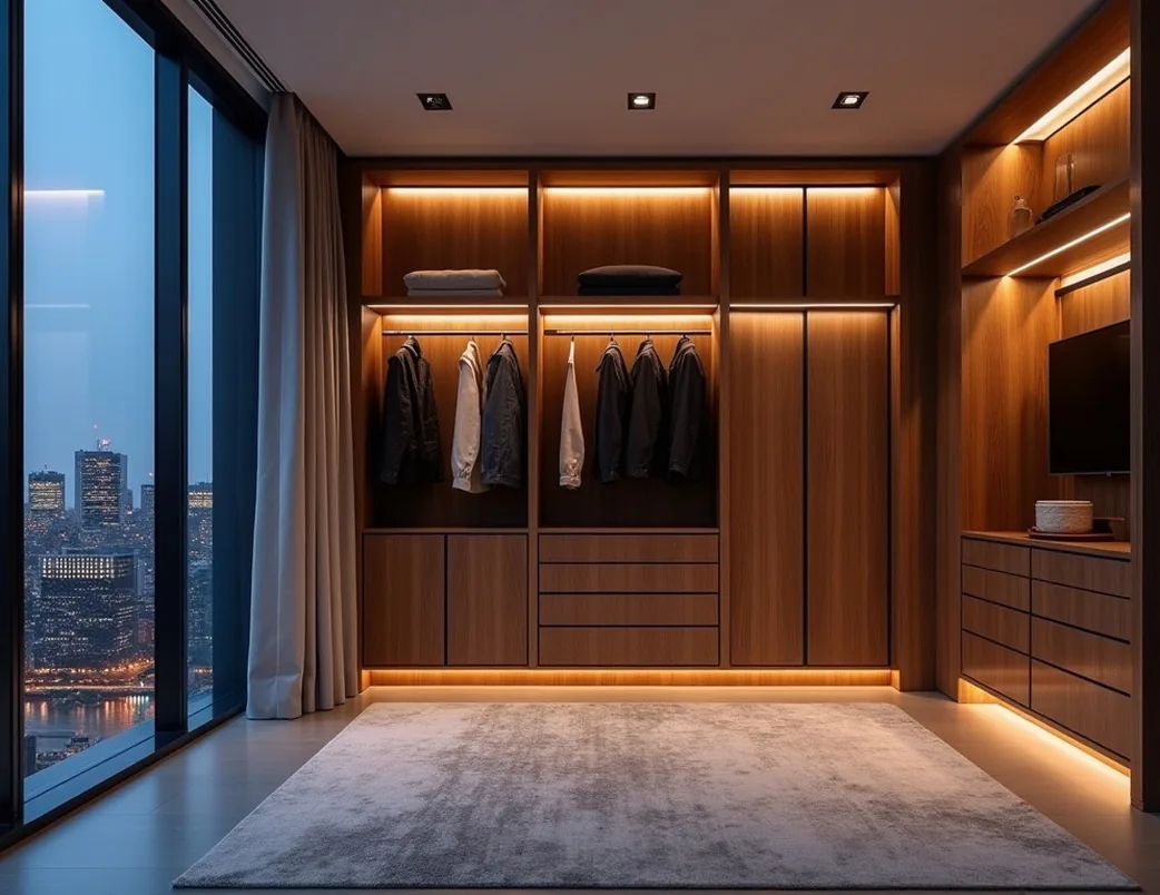 Modern penthouse dressing room at blue hour with city skyline view through floor-to-ceiling windows