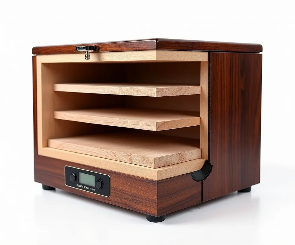 Electronic humidor cabinet cross-section with spanish cedar interior shelves