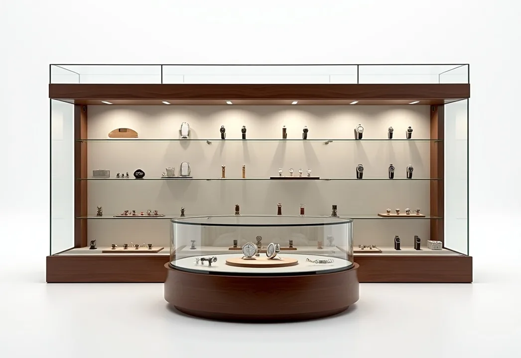 Display vitrine cabinet with multiple curved glass shelves and individual spot lighting