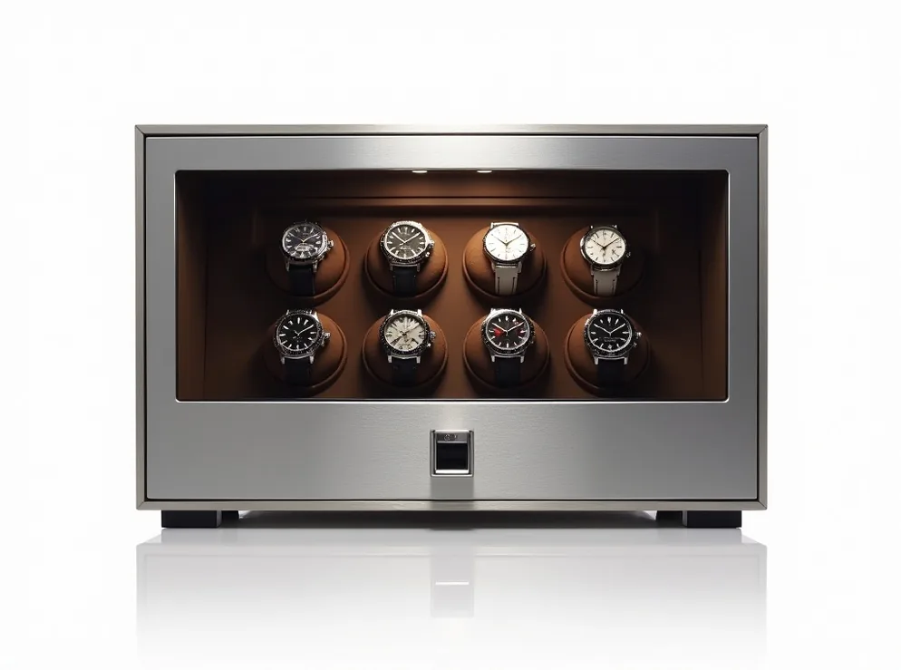 Double watch winder safe with brushed steel body and fingerprint biometric lock