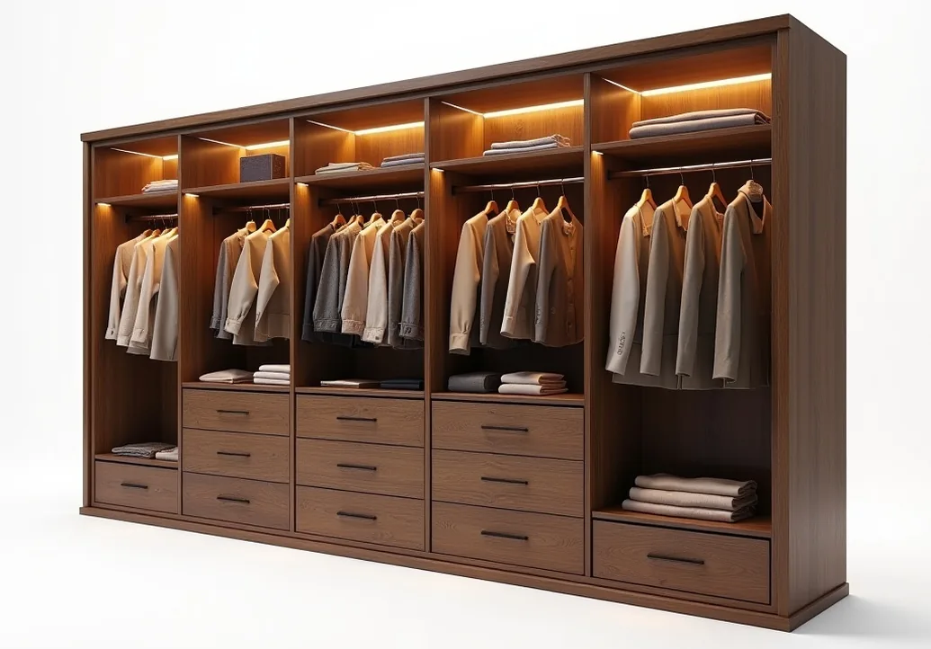 Luxury walk-in closet system module with walnut wood frame glass drawers and integrated LED lighting